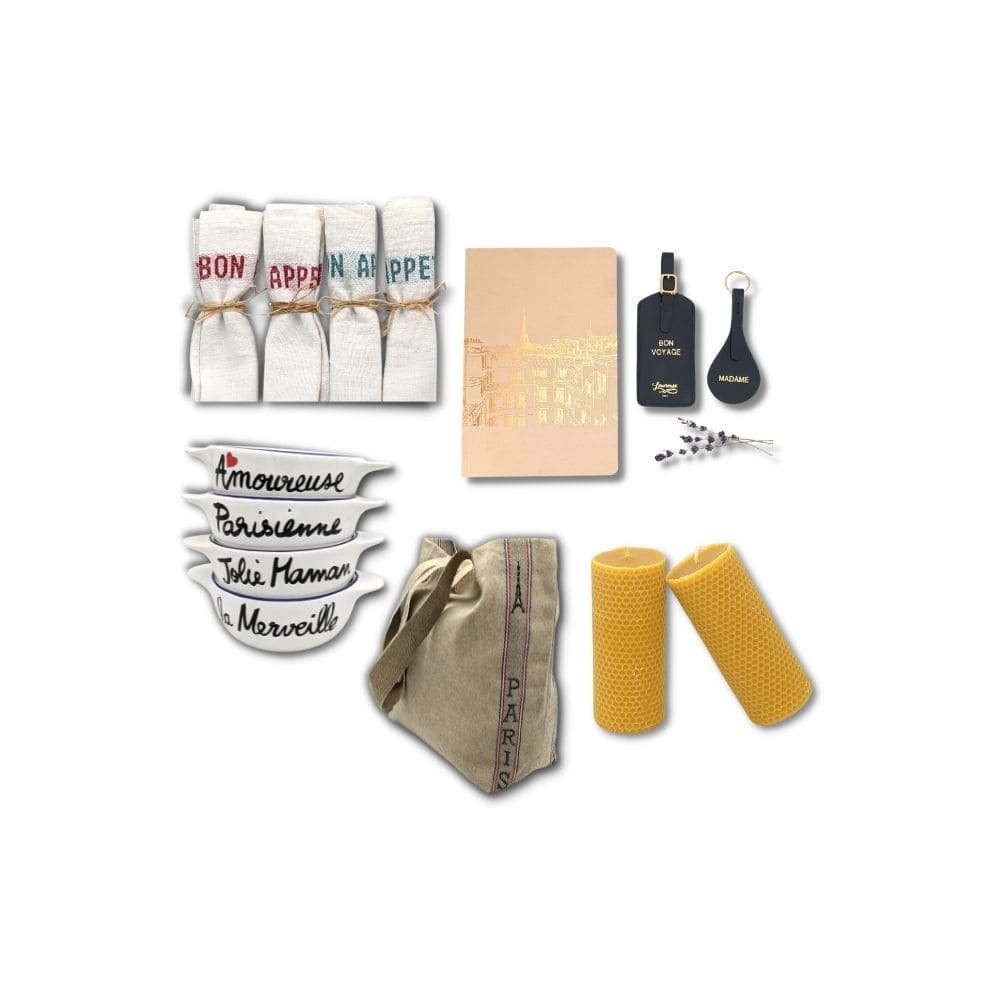 Made in France gifts: a selection of French gifts including French bowl, Paris notebook, Paris tote bag, and gifts with sweet French words