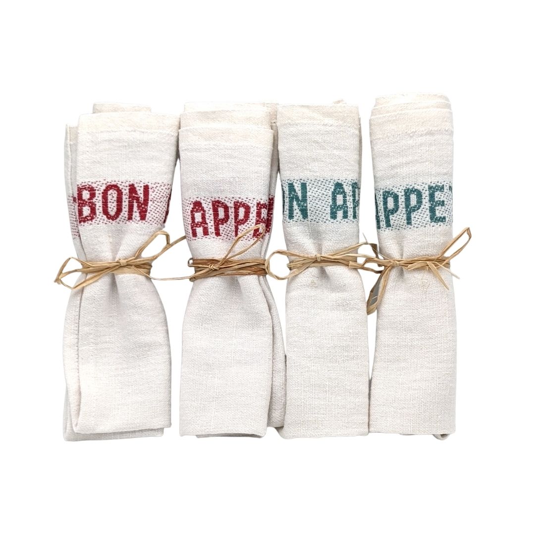Set of 4 Bon appétit napkins - white & turquoise - French Address