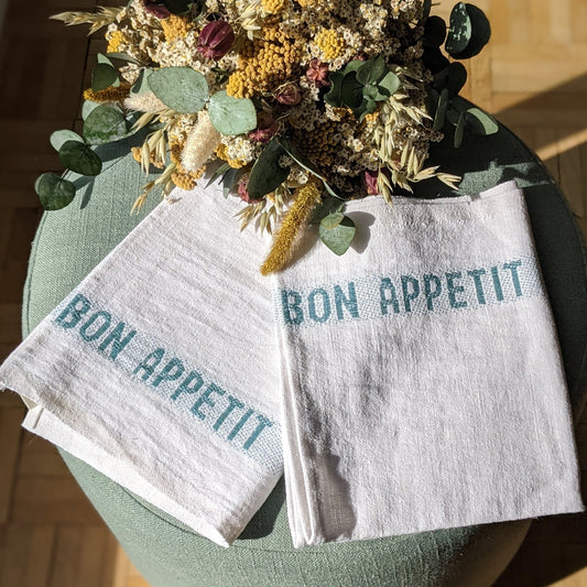 Set of 4 Bon appétit napkins - white & turquoise - French Address