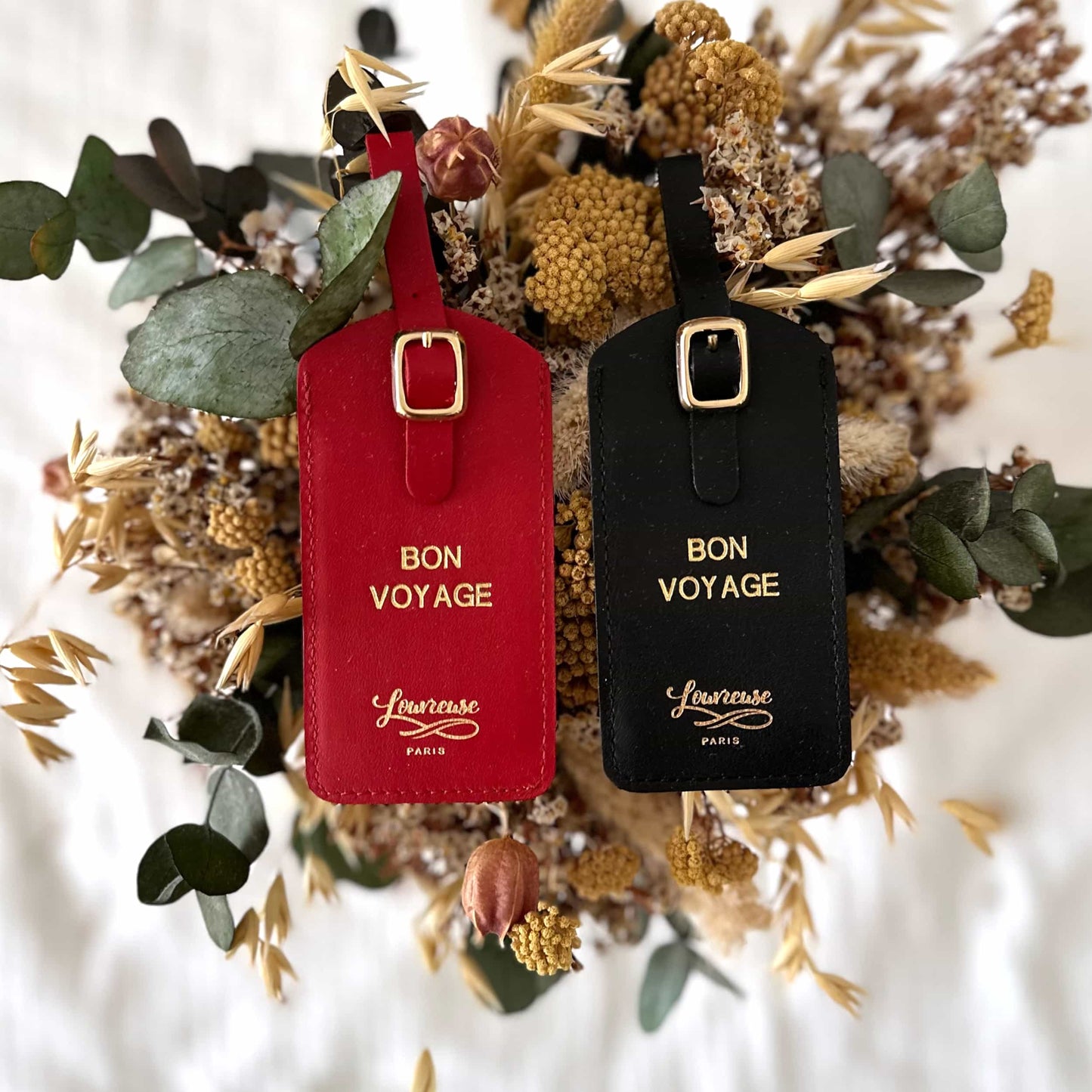 Set of 2 Leather luggage tag - red & black - French Address