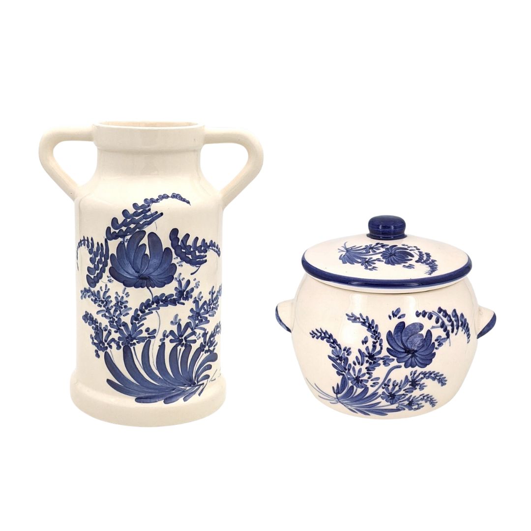 Set of 2 Mont Saint Michel ceramics with royal blue flower design