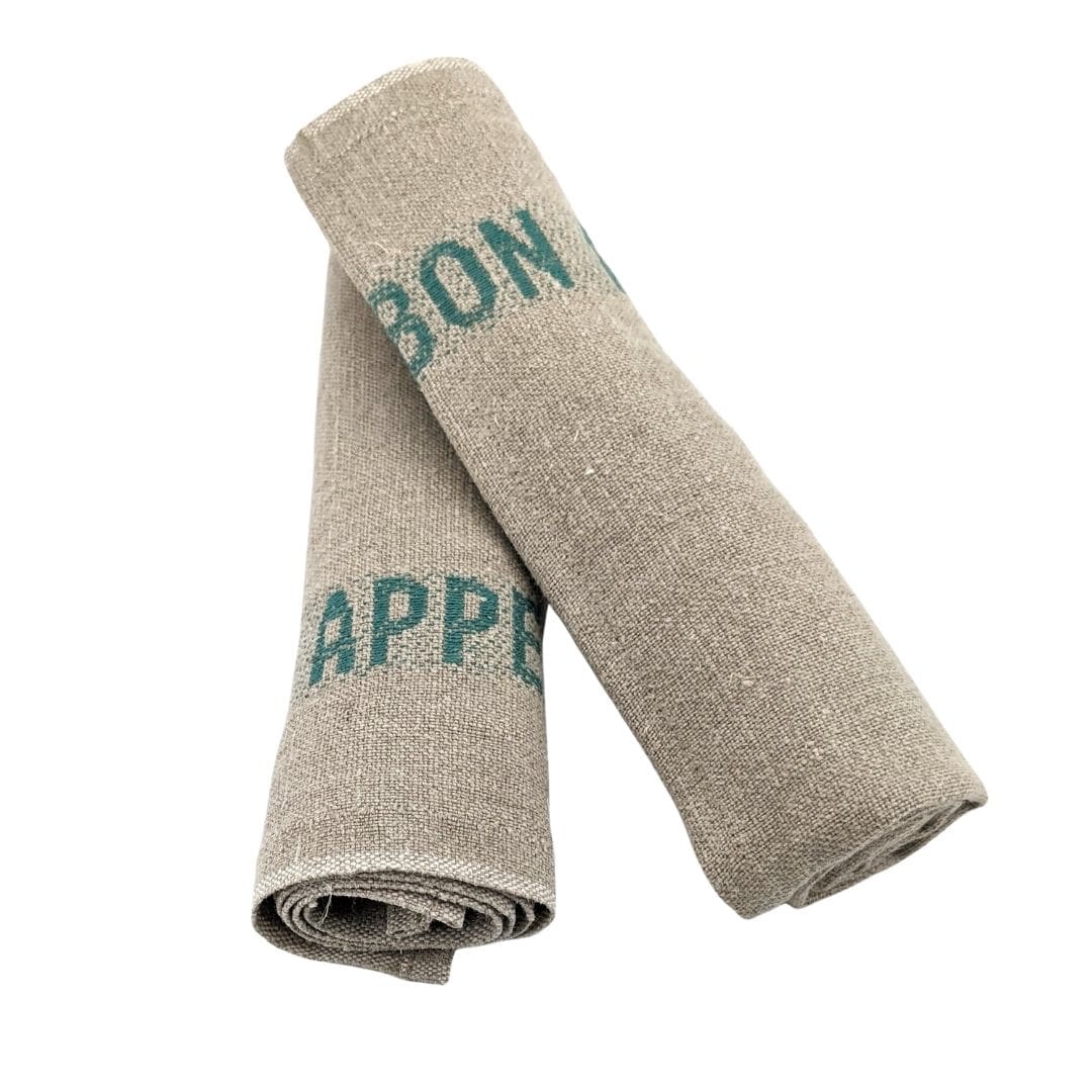 Set of 4 Bon appétit napkins - linen & turquoise - French Address
