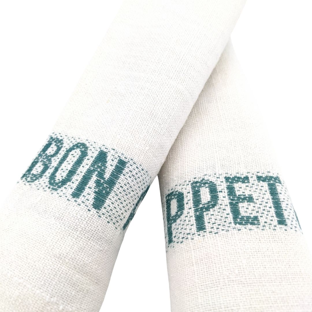 Set of 4 Bon appétit napkins - white & turquoise - French Address