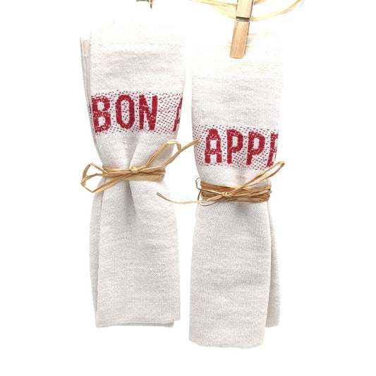 Set of 4 Bon appétit napkins - white & red - French Address