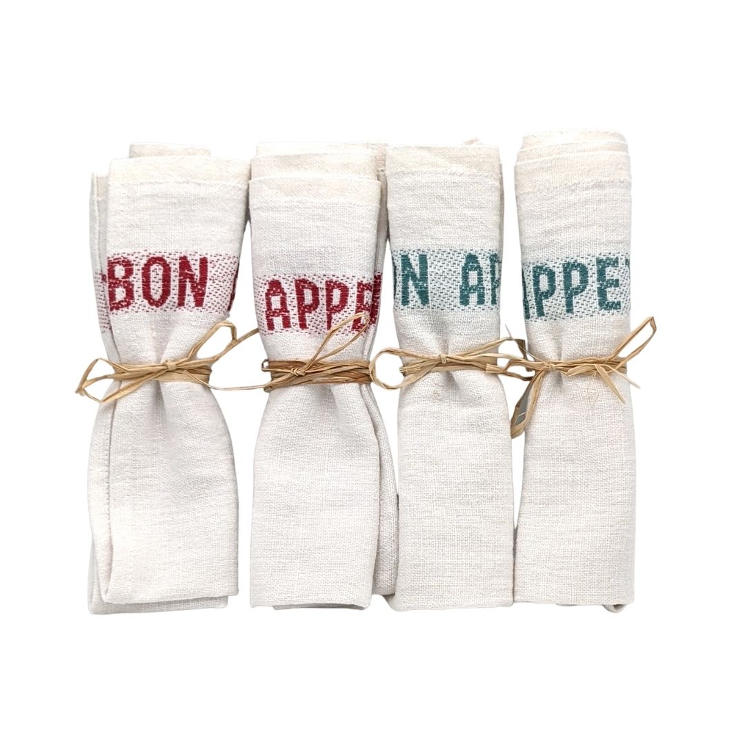 Set of 4 Bon appétit napkins - white & red - French Address