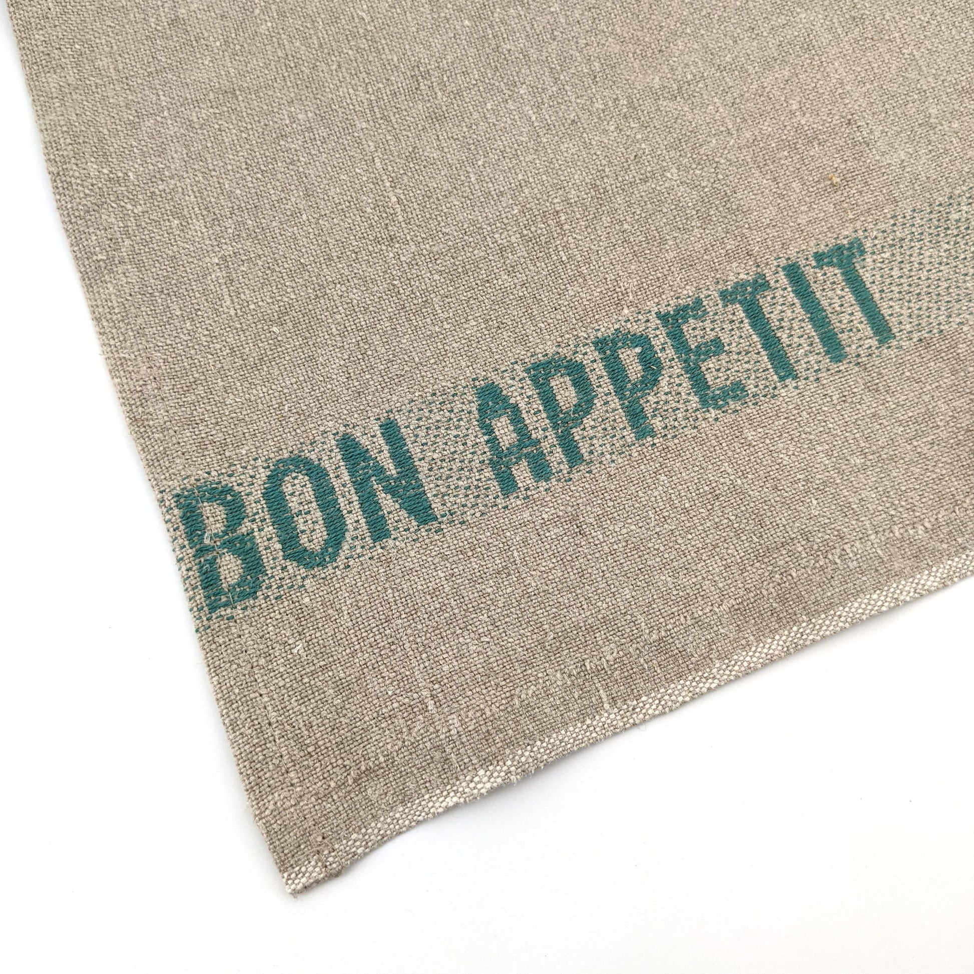 Set of 4 Bon appétit napkins - linen & turquoise - French Address