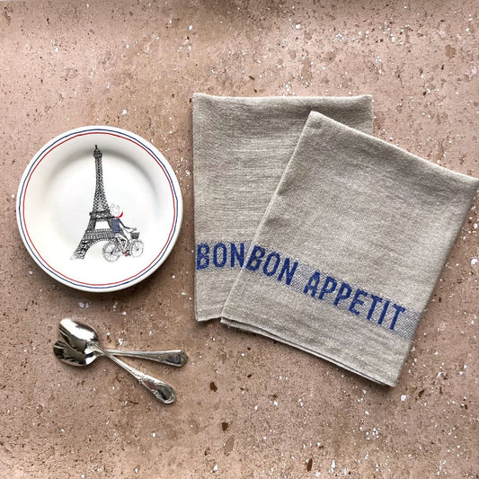Set of 4 Bon appétit napkins - linen & blue - French Address